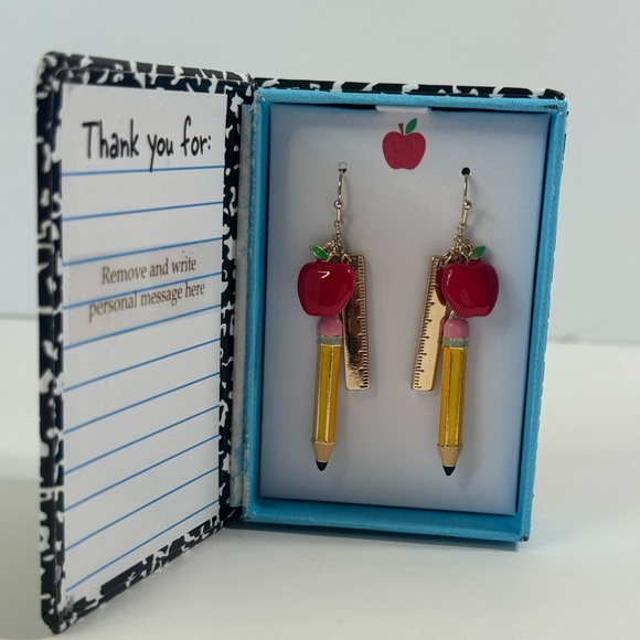 Betsey Johnson Back to School NotebkGold Tone Ruler Pencil W/Apple Earrings NIB - Picture 7 of 15